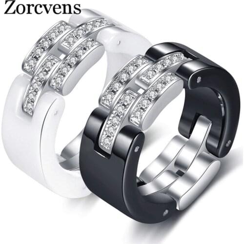 Modyle 2020 New Black White Ceramic Wedding Ring 8MM Width White Cubic Zirconia Wedding Engagement Rings for Woman