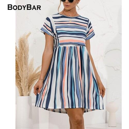 2021 Fashion Vestidos New Casual Women Round Neck Dress Striped Short Sleeve Dresses For Lady Patchwork Mid-Length Bodycon Dress