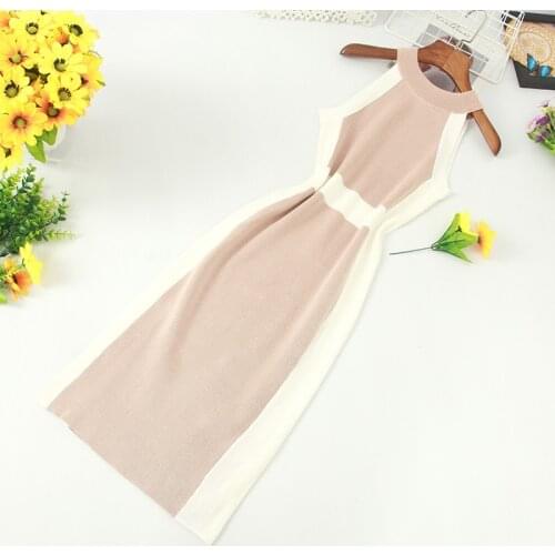 Dress Women Vintage Stretch Bodycon Hater Summer Dress 2020 Panelled High Waist Vestidos Knitting Midi Dresses