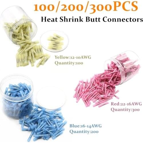 100Yellow/200Blue/300Red 1 Can Heat Shrink Butt Connectors Electrical Wire Splice Cable Insulated Crimp Terminals AWG 22-10