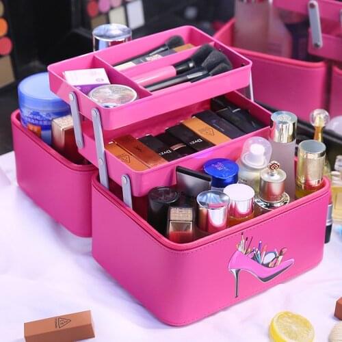 2020 High-end PU ladies cosmetic bags Large Capacity travel portable cosmetic storage box 2 Layer beauty Organizer makeup bag