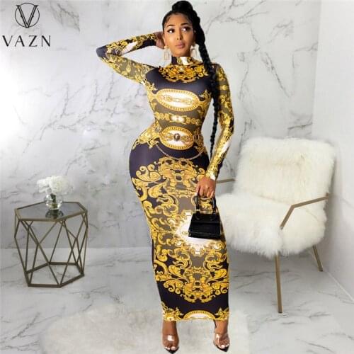 VAZN 2021 Print Deep High Neck Full Sleeve Elegant Mini Dresses Sexy Club Birthday Dress Women Elegant Fashion Female Dress