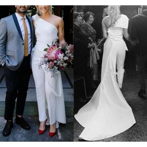 White A-line Wedding Dresses Jumpsuit One Shoulder Soft Satin Pleated Open Back Wedding Reception Vestidos De Novia Robes De Mar