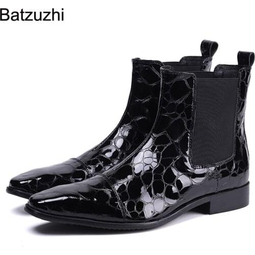 Batzuzhi Luxury Black Patent Leather Short Boots Men Slip on Pointed Toe Korean Style Fashion Mens Boots Botas Hombre, EU38-46