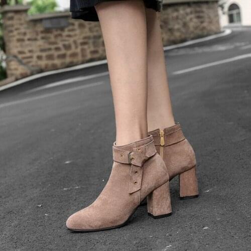 PXELENA Elegant Women Ankle Boots Round Toe Faux Suede Square High Heels Boots Dress Office Ladies Shoes 2018 Winter New 34-43