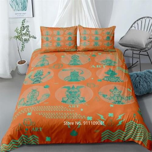 Home Textiles Knitwear Abstract Art Bedding Set Orange Navy Green Vintage Bedding Quilt Cover Pillowcase Bedroom Decoration