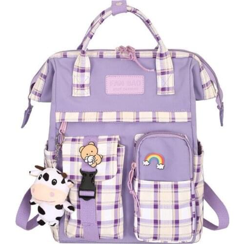 Purple Students Backpacks Badge for Teenage Girls Plaid Pattern Female College School Bags Ring Designer Travel Laptop Backpack