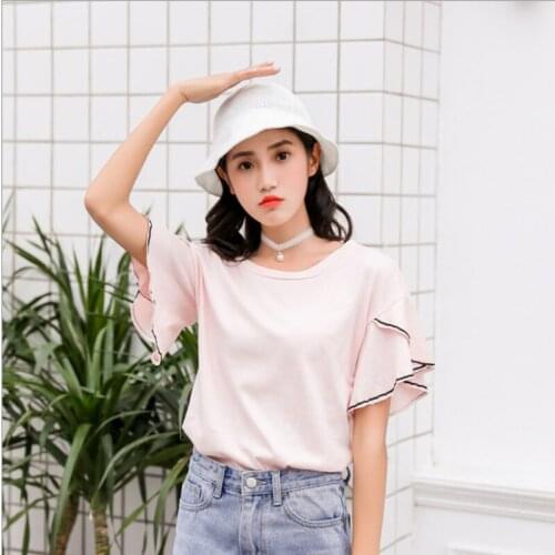 Short-sleeved t-shirt womens summer Korean style loose student trumpet sleeves ruffles fashion small fresh upper clothes