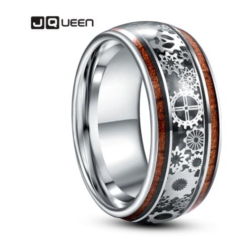 10mm Inlaid Wood Grain Gear Pattern Tungsten Carbide Ring Mens Fashion Wedding Jewelry Best Gift