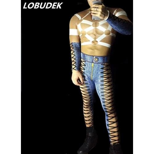 3D Bandage Cowboy Printed Skinny Jumpsuit Men Elastic Leotard Bar Party Show Nightclub Pole Dance Acrobatic Performance Costume