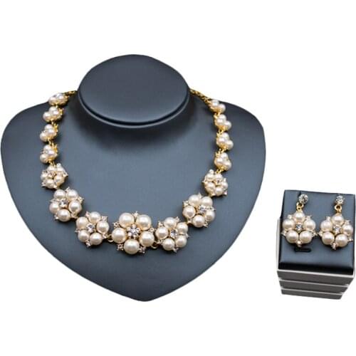 Simulated Pearl Flowers Bridal Jewelry Set Inlay Rhinestone African Women Jewelry Set Gold Color Necklace Stud Earring Wholesale