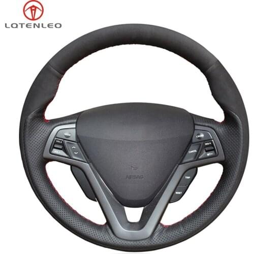 LQTENLEO Black Genuine Leather Suede DIY Hand-stitched Car Steering Wheel Cover for Hyundai Veloster 2011-2017