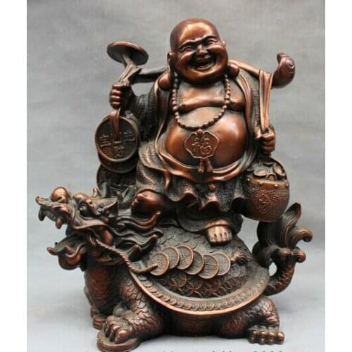 Wholesale factory 15" Chinese Pure Bronze RuYi Coin YuanBao Maitreya Buddha Dragon Turtle Statue AE1024