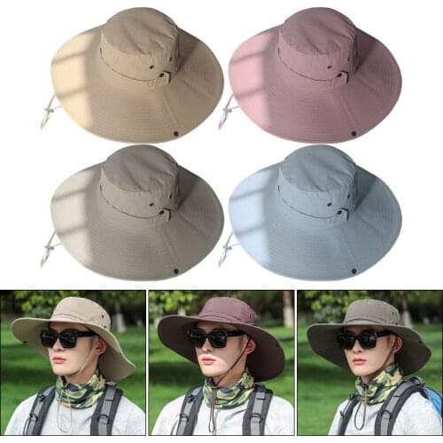 Summer Men Wide Brim Bucket Hat Outdoor Beach Cap for Golf Fishing Headwear Windproof Mesh Polyester Beach Cap