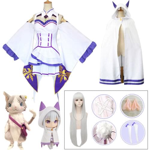 Full set Emilia Dress Re Zero Cosplay Sets Wig Women Cosplay Dress Emilia Cosplay costume Anime Cosplay Party Halloween Party