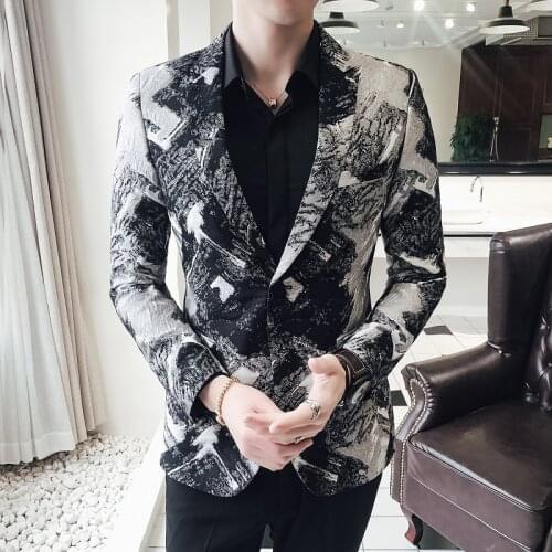Slim Fit Floral Blazer British Style Casual Party Nightclub Banquet Jacket Elegent Business Men Coat Singer Studio Photo Suit