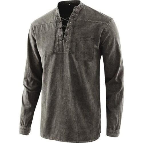 Mens Shirts New Men Long-sleeved Shirt Medieval Eyelet Lace-up Stand Collar Fashion Men Clothing Solid Color Pullover Shirt