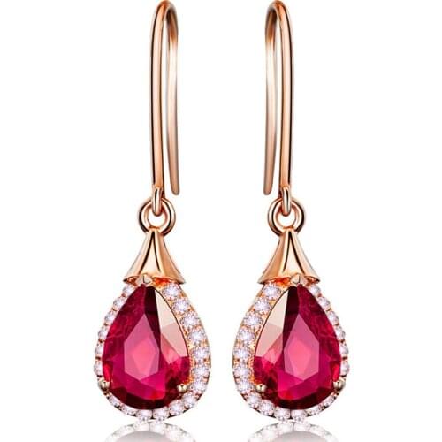 Classical Red crystal Ruby gemstone zircon diamonds drop earrings for women rose gold color brincos party jewelry bijoux gifts
