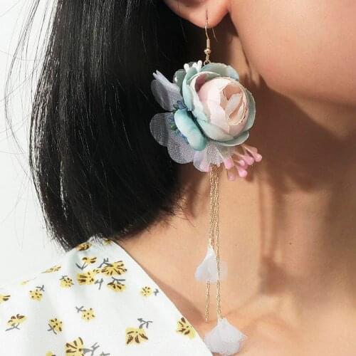 Romantic Female Lace Yarn Fabric Flower Handmade Drop Earrings For Women Fashion Gold Color Metal Chain Tassel Dangle Earring