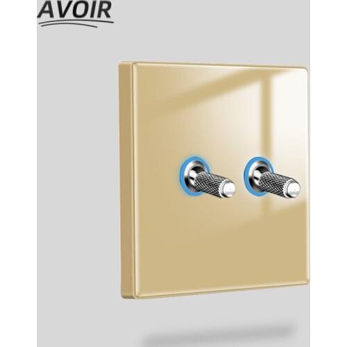 Avoir Led Indicator Wall Light Toggle Switch Gold Luxury Glass Panel Vintage Switches 1 2 3 4 Gang 2 Way Electrical Power Socket