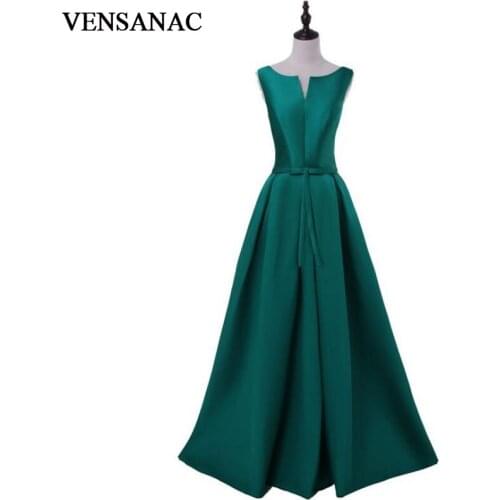VENSANAC 2018 V Neck Bow Sash A Line Long Satin Evening Dresses Elegant Party Tank Lace Up Back Draped Prom Gowns