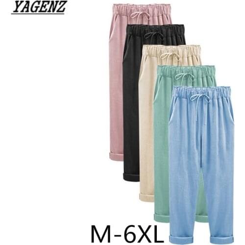YAGENZ M-6XL Women Pants 2020 Fashion Loose Elastic waist Cotton Linen Harem Pants Casual Large size Trousers Ladies Clothing