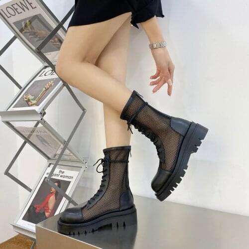 Osunlina Breathable Mesh Ankle Boots Woman Round Toe White Genuine Leather Flats With Platform Handmade Summer Shoes Size 33-43