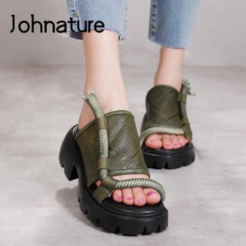 Johnature Summer Shoes Women Slippers Genuine Leather 2021 New Outside Slides Wedges Handmade Retro Concise Ladies Silppers