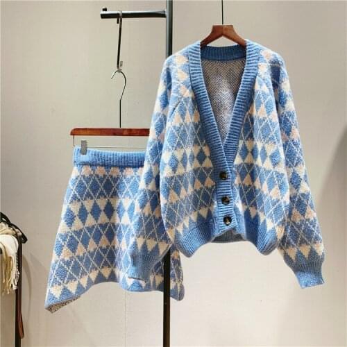 2020 Autumn Knitted Two Pieces Warm Sweater Cardigans Poncho With Skirt Women Sets Tricot Pull Femme