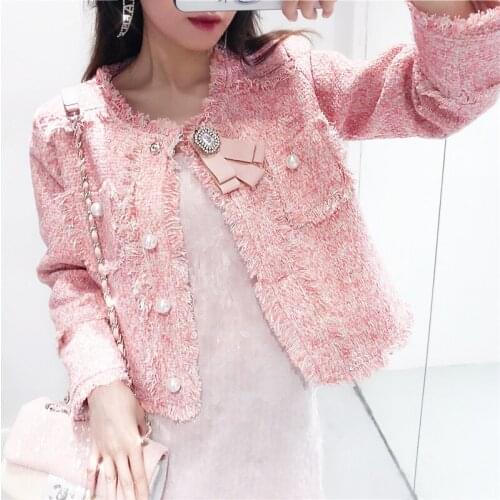 2020Autumn women pink color o-neck long sleeve pearl beading buttons gem rhinestone bow patched tweed woolen short coat jacket
