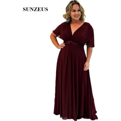 Blush Pink Chiffon Mother of the Bride Dresses Plus Size A-Line V Neck Pleats Bow Waist Elegant Wedding Party Dresses SMD82