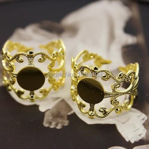 20pcs Gold plated Brass Filigree Adjustable Ring Bases blank setting Rings With 8mm Pad (RINGSS-1-G)