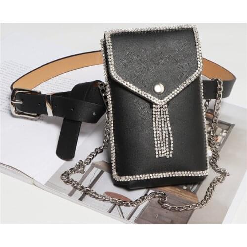 2019 Rhinestone Women MIni Flap Waist Bag Multi-fuinctional Metal Chain Messenger Bag Ladies PU Leather Waist Belt Phone Bag New