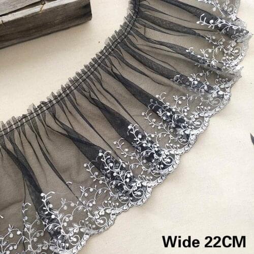 22CM Wide Exquisite Black Mesh Lace Trim White Flowers Embroidered Fringe Ribbon Sewing DIY Dress Home Curtains Hem Decoration