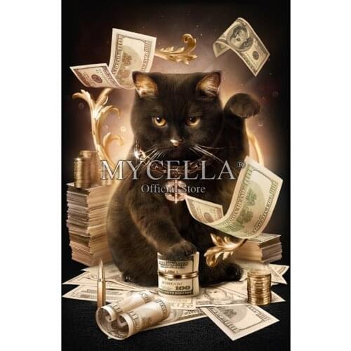 Cat With Cash 5D DIY Diamond Painting Cross Stitch Needlework Full Round Rhinestone Mosaic Diamond Embroidery Animals Home Decor