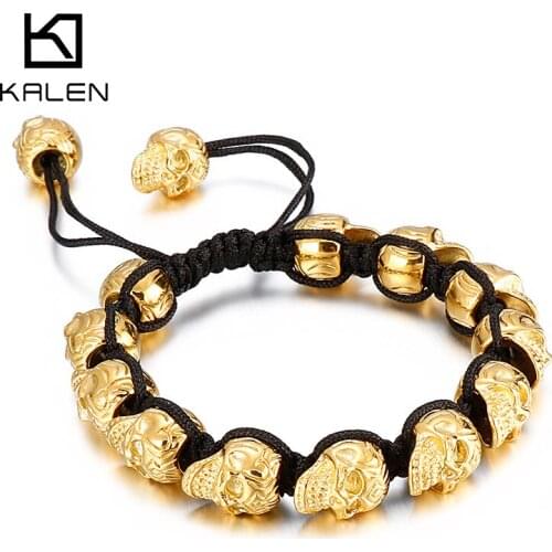 Kalen New Punk Skull Charm Bracelet Mens Stainless Steel Beaded Bracelet Mens Gothic Jewelry 2021