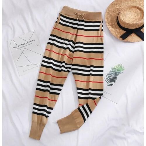 English style khaki Harlan pants children Korean version of striped knitted casual high waist pants with loose feet