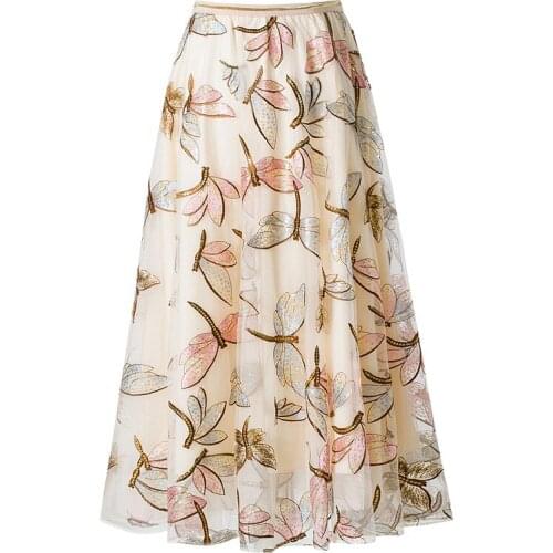 Sequin Embroidery Long Skirt Women Summer Mesh Tutu Skirt Women Autumn A-line Tulle Long Skirts For Women
