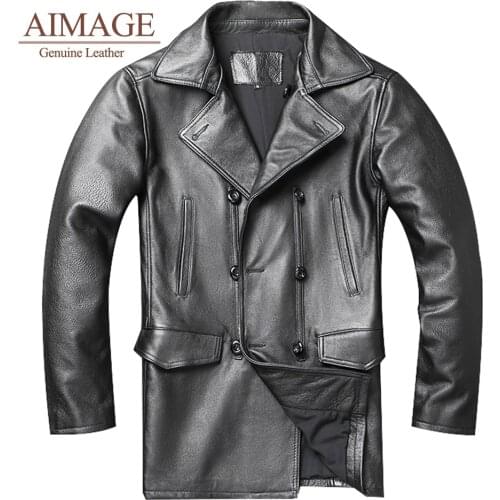 Men leather jacket 100% Genuine cowhide Leather jacket mid-length mens lapel windbreaker Korean style slim double-breasted coat