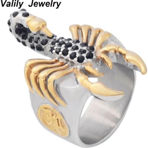 EdgLifU Finger Ring Men Gold-color Punk Scorpion stainless steel fashion black crystals paved animal band rings jewelry