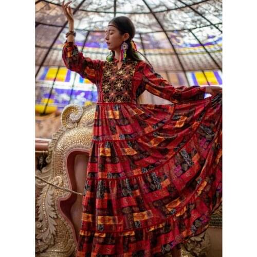 Jastie Boho Embroidered Ethnic Maxi Women Dress V-Neck Long Sleeve Big Swing Hippie Chic Beach Dresses 2021 Spring Vestidos
