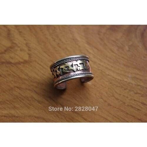RG162 Handmade Nepalese Copper Six Words Mantra 12mm Wide Open Back Ring Tibetan Om Mani Padme Hum Men Adjustable Ring