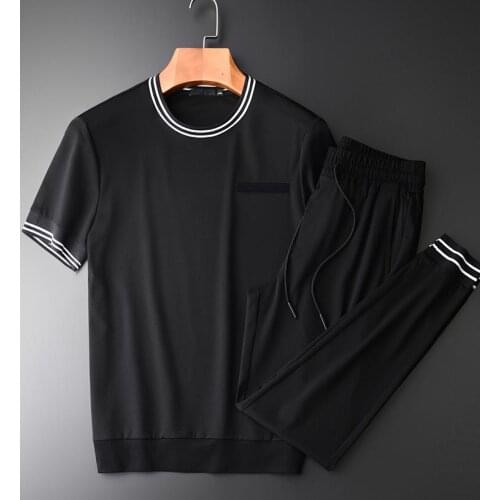 Classic Summer Men Sets (T-SHIRTS+PANTS) Luxury Contrast Color Rib Short Sleeve Male Sets Soft Comfortable Mans Sets With Pants