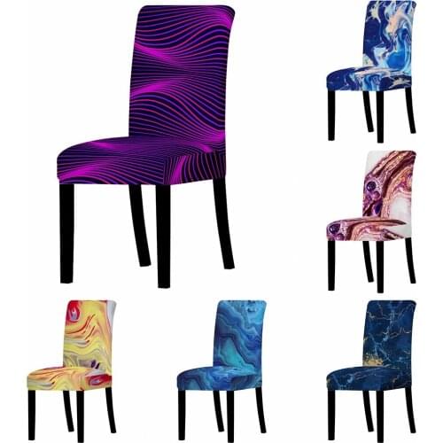 Colorful Marble Chair Seat Cover Home Table Dinner Seat Case Party Stretch Removable Purple Lines Decor Anti-Dirty Chair Cases