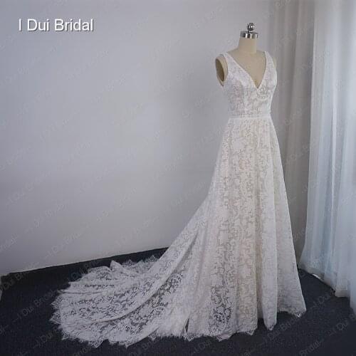 V Neck Lace Wedding Dress A Line Low Back With Belt Whimsical Bridal Gown Girly Floral Design