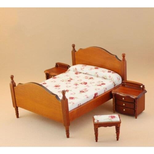 1:12 Dollhouse Miniature brown bed bedside table for dolls Wooden Furniture toy pretend play toys for children girls gifts