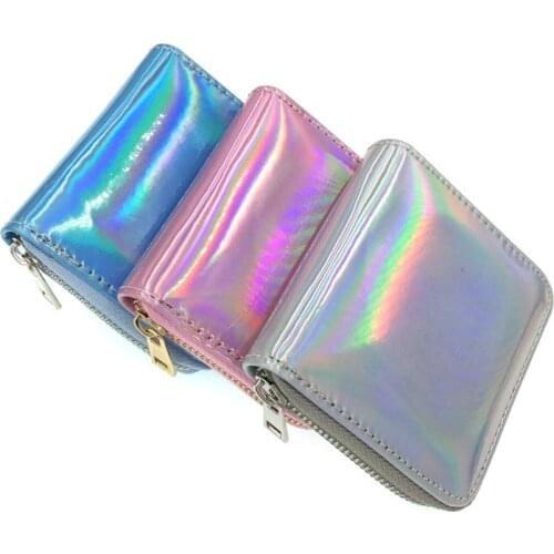 KANDRA Fashion New Holographic Small Wallet Coin Purse Shiny PU Leather Women Short Wallet Card Holder Sewing Thread Lattice