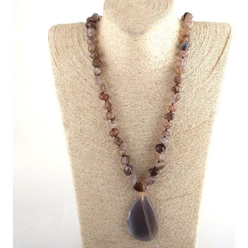 MOODPC Fashion Bohemian Jewelry Irregular Stripe Natural Stone long Knotted Drop Pendant Necklace