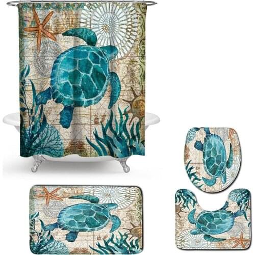 Shower curtain set bath mats rugs bath rug bathroom rug set Marine life Printed Floor Mat Four-piece Bath Mat Set Creative