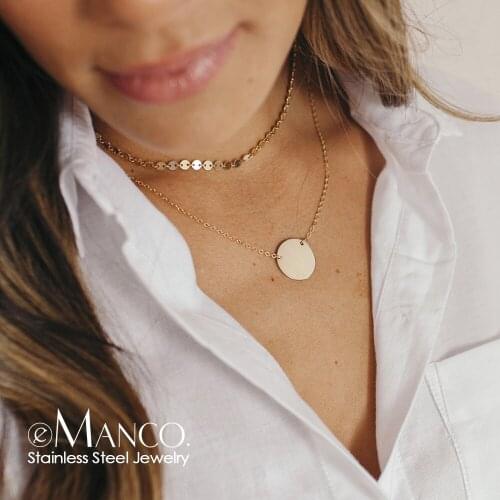 EManco 2 Pcs Choker Necklace women Not Dark Real 316L Stainless Steel Necklace for women 15MM Pendant Layered Necklace